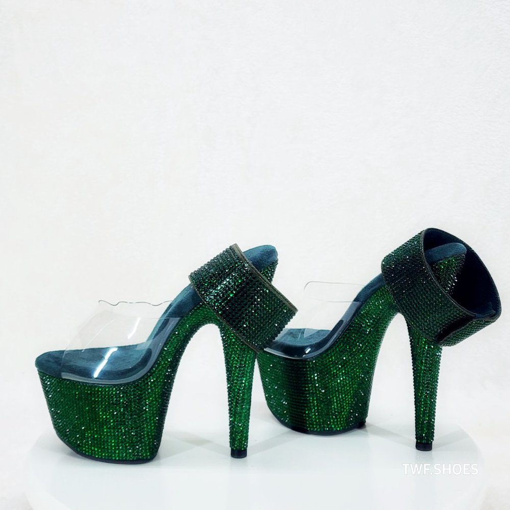 Bejeweled Emerald Green Rhinestone Platform 7" High Heel Shoes With Ankle Cuffs